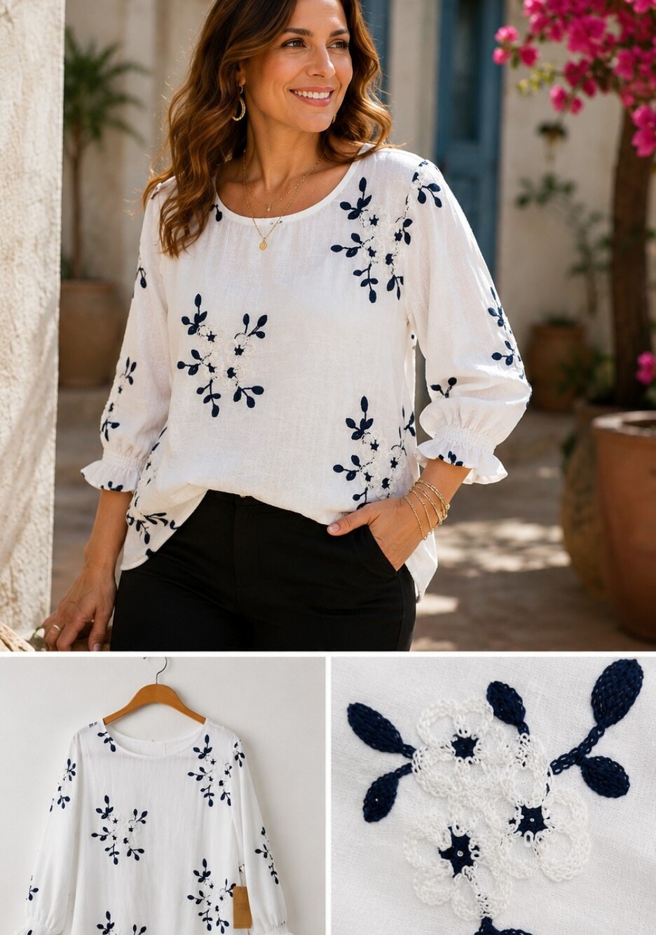 Women's White And Navy Floral Embroidery Blouse by Anneliese NWT